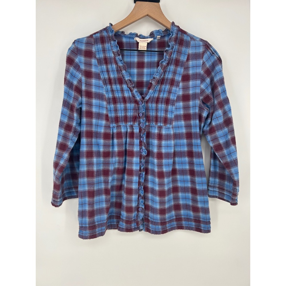 Sundance Blue & Maroon Plaid 3/4 Sleeve Button-Front Blouse- Women's Size M